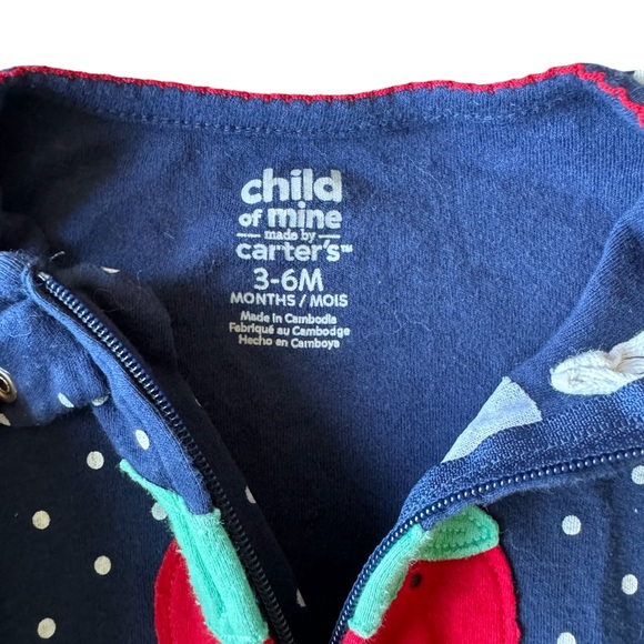 3/$20 CARTER’S Child of Mine 3-6M Navy Polka Dot Strawberry Sleeper Footie - Picture 3 of 3